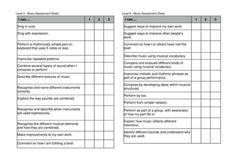 Music Assessment Sheet For Stuents Teaching Resources