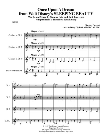 The scores are popular melodies with clarinet scores for beginners and intermediate players. Download Once Upon A Dream From Walt Disney's SLEEPING BEAUTY For Clarinet Quartet Sheet Music ...