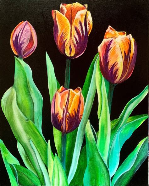 Dancing Tulips Acrylic Painting Of Beautiful Purple Orange Tulips On