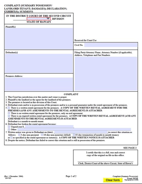 Hawaii Official Landlord Tenant Complaint 2nd Circuit Court