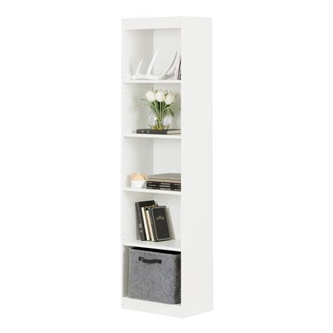 Five open shelves offer ample storage with two shelves that are fixed and two that are adjustable to accommodate various sized items. South Shore Axess 5-Shelf Narrow Bookcase in Pure White ...