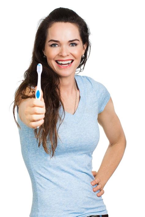 Smiling Woman Holding Toothbrush Stock Image Image Of Fresh Closeup