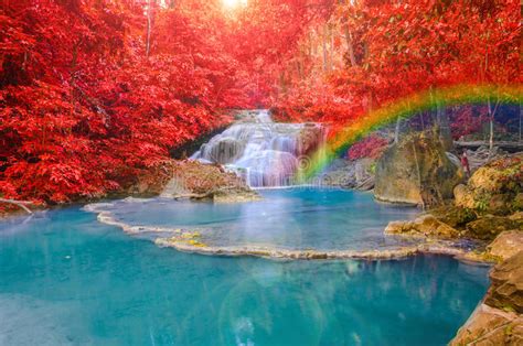 Wonderful Waterfall With Rainbows In Deep Forest At National Park Stock
