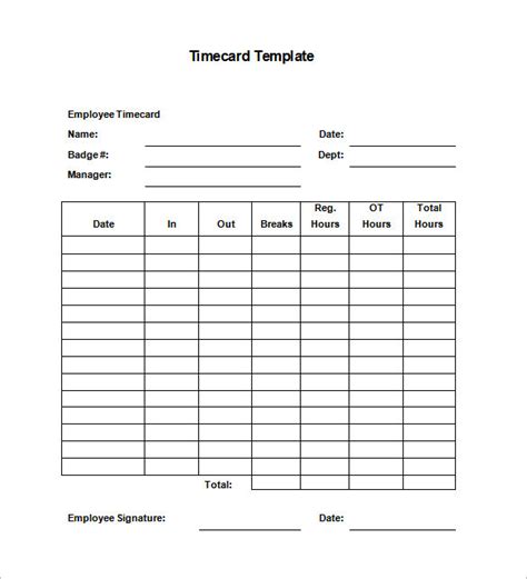 Free Printable Time Card Template Business Psd Excel Word Pdf