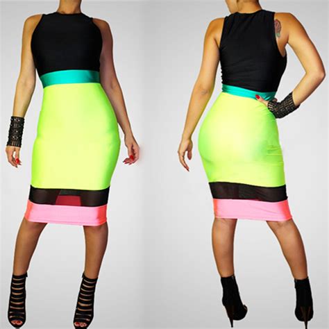 Sexy Multicolor Patchwork Bodycon Stretchy Club Party Dress Womens