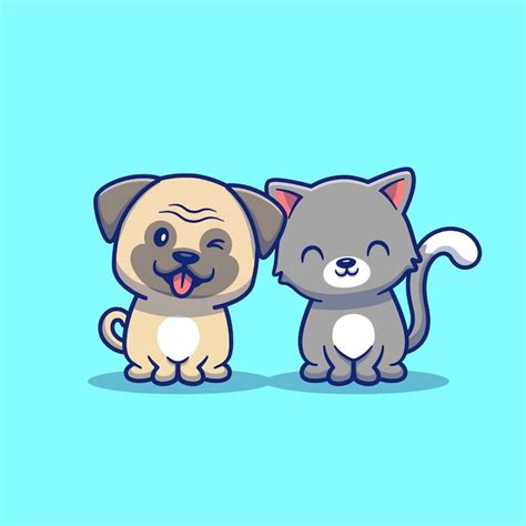 Lindo Gato Y Perro De Dibujos Animados Icono Ilustración Concepto De