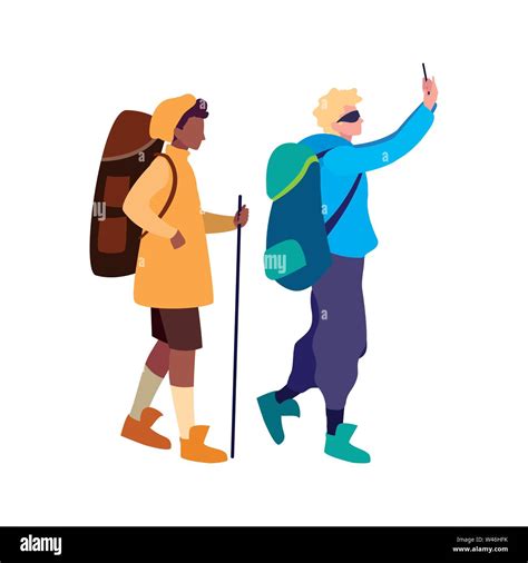 Men With Backpack And Stick Hiking Traveler Vector Illustration Stock