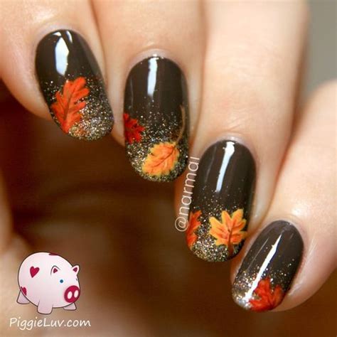 Piggieluv Fall Nail Art Autumn Leaves On Glitter Gradient Fall Nail