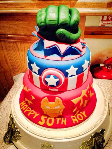 Marvel Cake Complete With Captain America Iron Man And Hulk Fist Babes