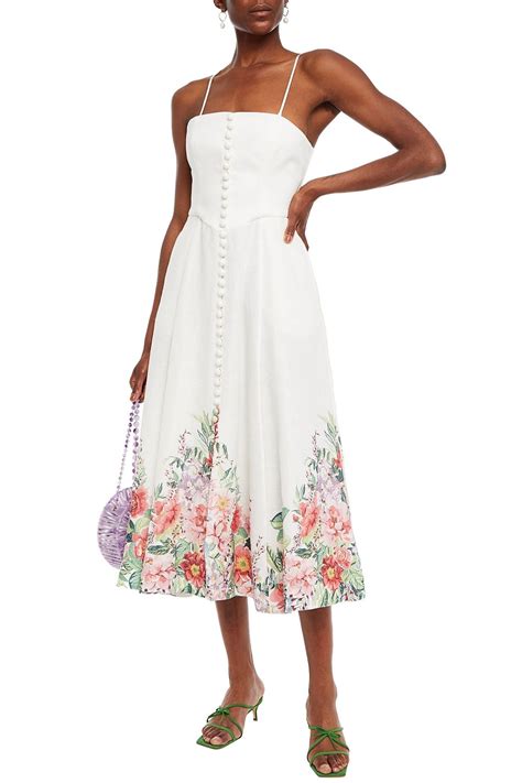 Zimmermann Bellitude Shirred Floral Print Linen Midi Dress Sale Up To Off The Outnet