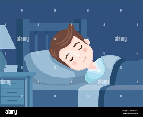 Cute Boy Sleeping In Bed Bedroom At Night Sweet Dreams Vector