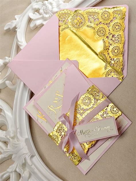 Vector vintage rose wedding invitation set. Gold And Pink Wedding Invitation - Wedding Gold Embossed ...