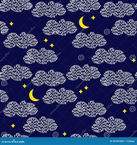 Seamless Pattern With Hand Drawn Clouds Moon And Stars Stitch