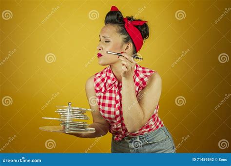 Close Up Portrait Beautiful Pin Up Girl Putting On Makeup Stock Photo