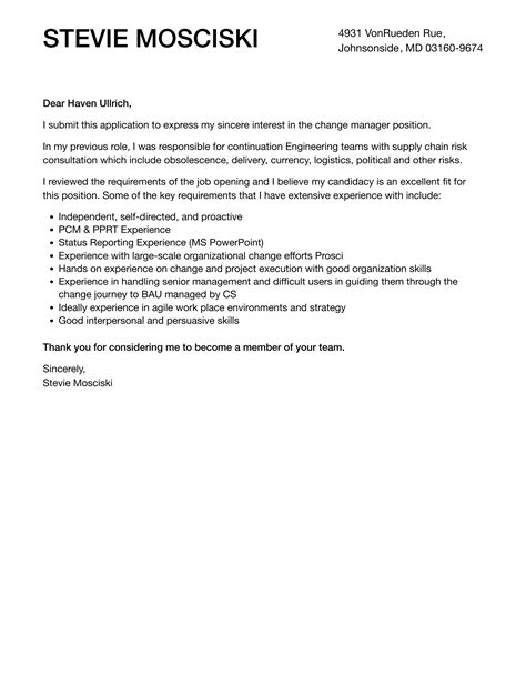Change Manager Cover Letter Velvet Jobs