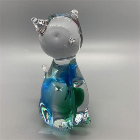 Vintage Lefton Art Glass Cat Paperweight Japan Original Foil Label Blue
