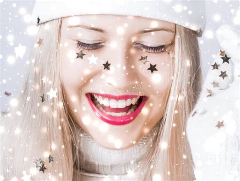 Shiny Christmas And Glitter Snow Background Blonde Woman With Positive