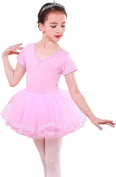 Yijinstyle Mesh Rock V Ausschnitt Mädchen Pink Tutu Kurzarm Tanzkleid