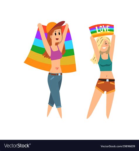 lesbian couple woman holding rainbow flags lgbt vector image