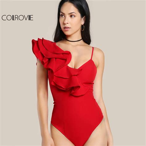 Colrovie Ruffle One Shoulder Slip Bodysuit Layered Flounce Women Sexy Cute Red Bodysuits New