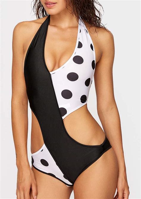 Polka Dot Printed Splicing Sexy One Piece Swimsuit Bellelily
