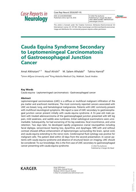 Pdf Cauda Equina Syndrome Secondary To Leptomeningeal Carcinomatosis