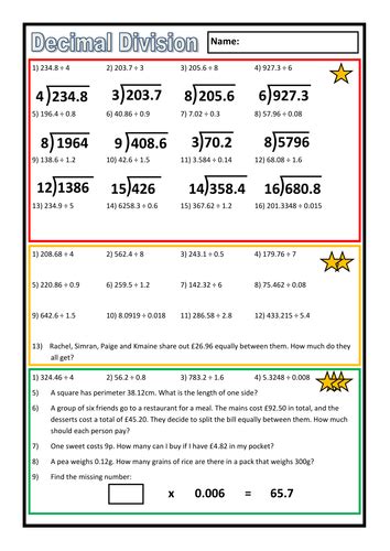 Differentiated Decimal Division Worksheet Teaching Resources