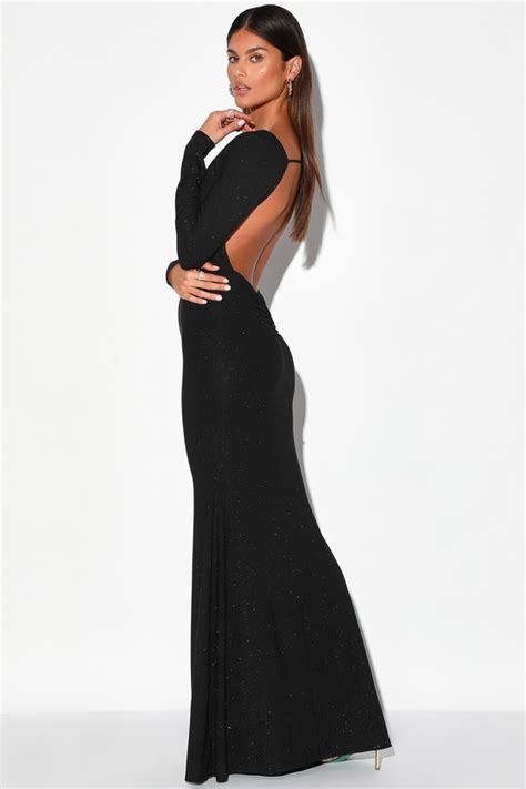 Lulus Glamorous In Glitter Black Long Sleeve Backless Maxi Dress Modesens