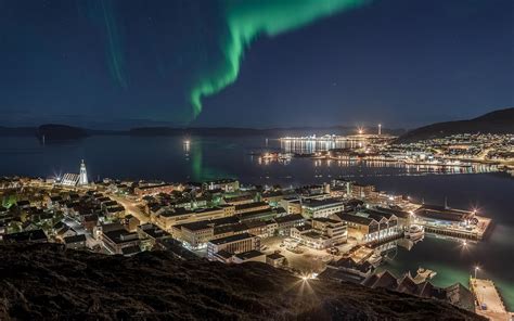 Wallpaper Hammerfest Norway Northern Lights Night Sea City