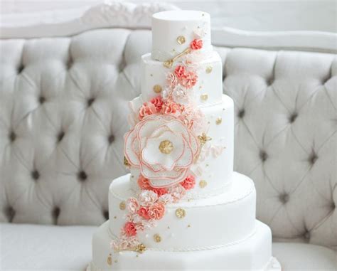 Classic White Wedding Cake Peach Gold Cascading Blooms