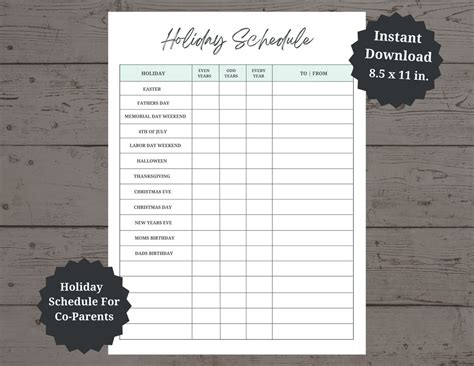 Printable Child Custody Holiday Schedule For Co Parents Etsy