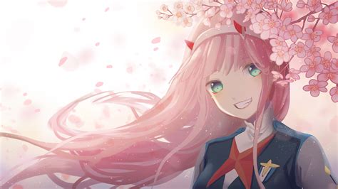 Darling In The Franxx Green Eyes Zero Two Near Pink Flowers Hd Anime Wallpapers Hd Wallpapers