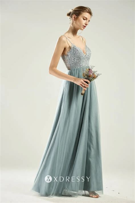 dusty blue lace and tulle spaghetti strap bridesmaid gown xdressy