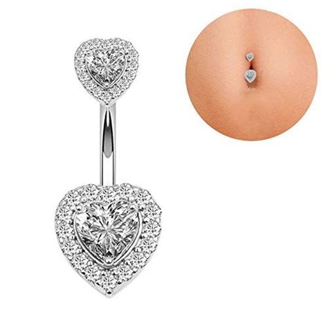 14g Double Heart Diamond Cubic Zirconia Navel Belly Button Ring Surgical Steel Piercing Jewelry