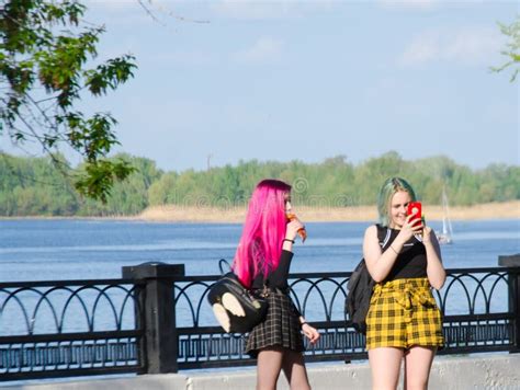 Russia Saratov Region Engels May 9 2019 Bright Teenage Girls With Pink Hair On The Street
