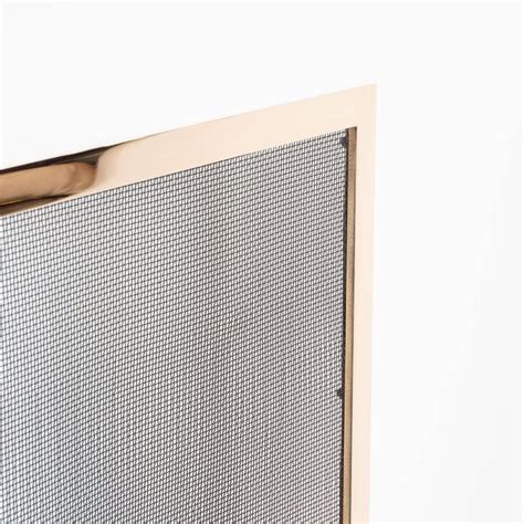 Custom Modernist Fire Screen In Polished Brass With Iron Mesh Grill For