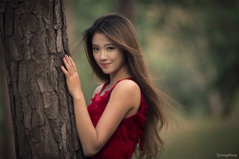 asian girl smile brunette long hair model woman red dress wallpaper coolwallpapers me