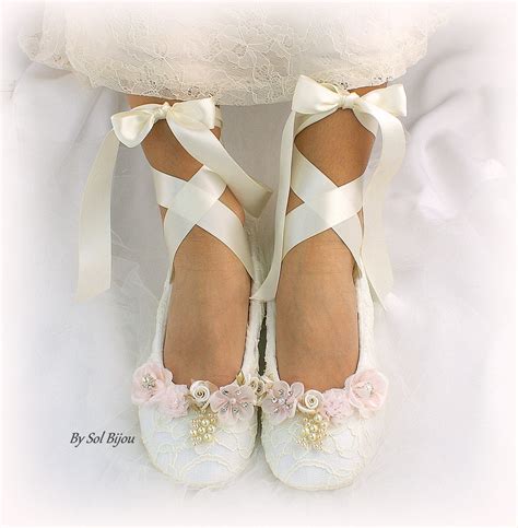 White Wedding Ballet Shoes Lace Ballet Flats With Ribbons And Etsy