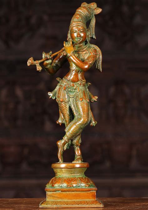 Sold Brass Gopal Krishna Statue Playing The Flute With Peacock Feathers In His Headdress 15