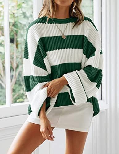 zesica women s long sleeve crew neck striped color block comfy loose oversized knitted pullover