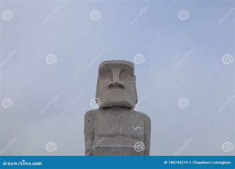 Moai Big Stone Statue In Winter With Snow On Ground Editorial Stock