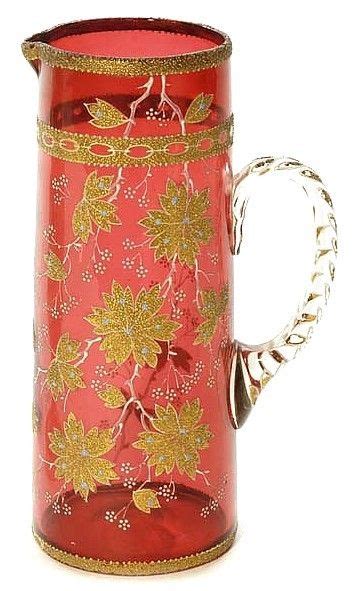 Moser Glass Pitcher Coralene Floral Cranberry 10 Moser Glass Antique Glass Crystal Glassware