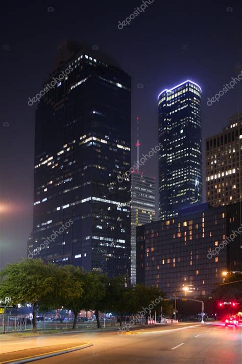 Blue Night City Lights And Buildings In Houston — Stock Photo