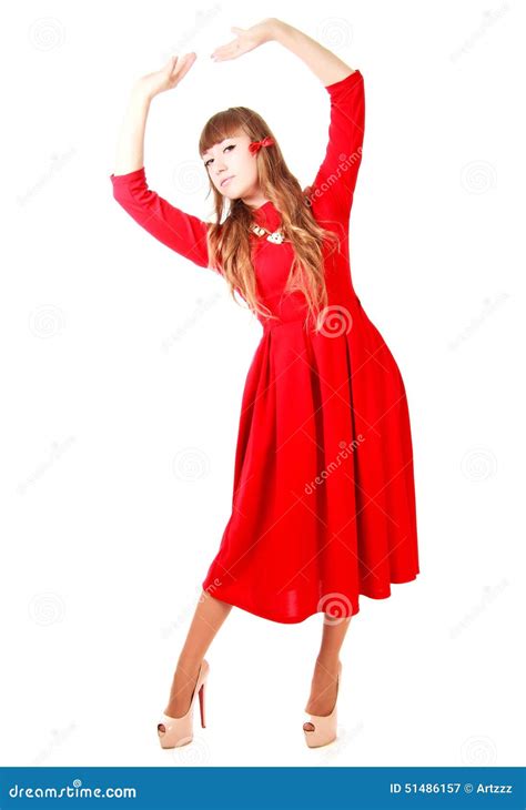 Young Woman In A Bright Red Evening Dress Stock Image Image Of