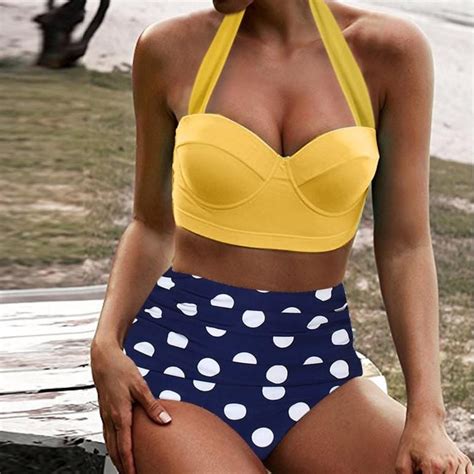 Retro Polka Dot Bikini Set High Waist Bottom Padded Top Beachwear
