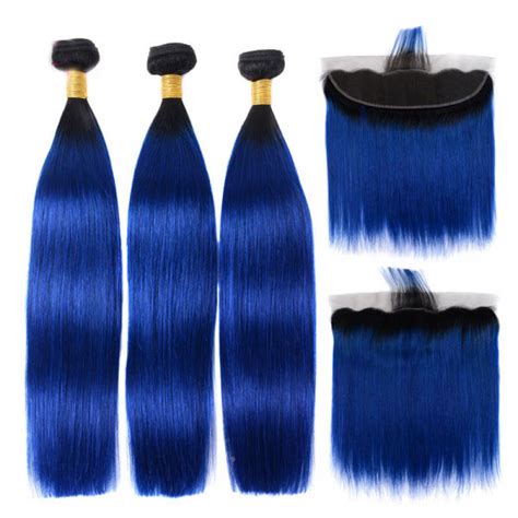 Dark blue straight hair via. 1B/Blue Straight Hair 3 Bundles With Lace Frontal Ombre ...