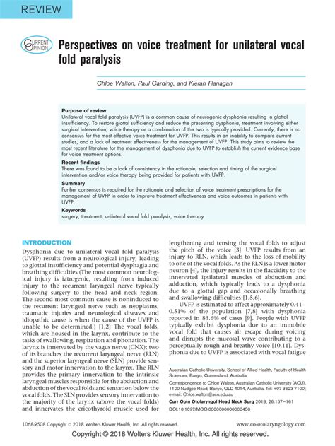 Pdf Unilateral Vocal Fold Paralysis A Systematic Review Of Speech Language Pathology Management