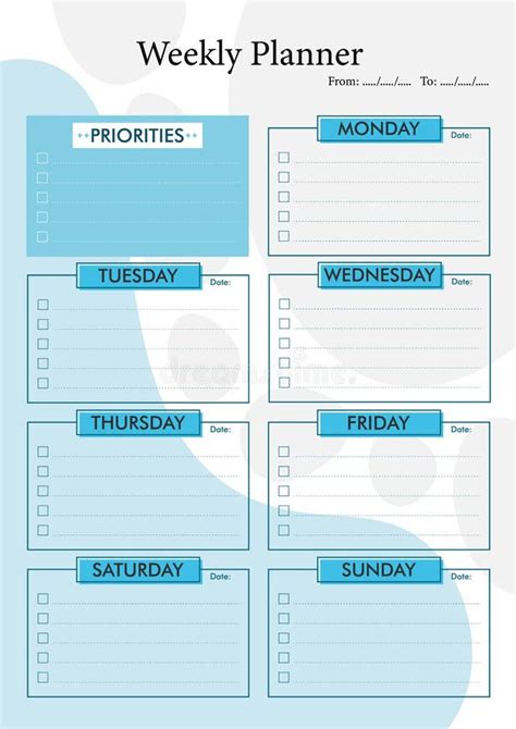 Abstract Blue Gray Weekly Planner Template For To Do List Stock Vector