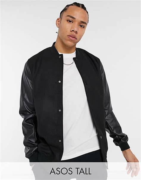 Asos Design Tall Varsity Jacket In Black With Faux Leather Sleeves Asos