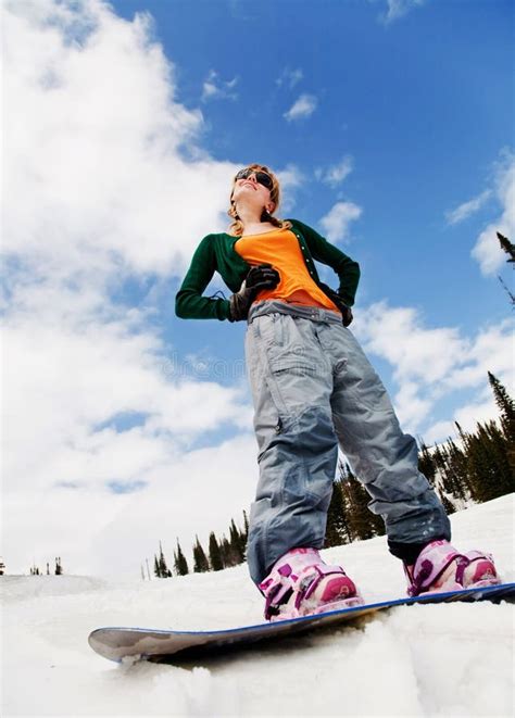 Young Beautiful Woman On The Snowboard Stock Image Image Of Laugh